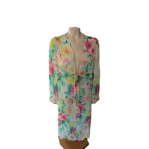 Delicates pastel floral sheer robe Tie Waist M Long Sexy Athleisure‎ Nightgown